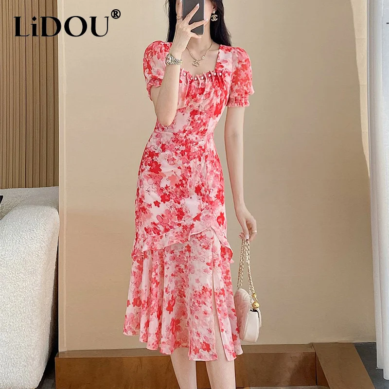 

Summer Fashion Square Collar Floral Printed Beading Mermaid Dress Female Short Sleeve Sweet Casual Vestido Women Ruffles Robe