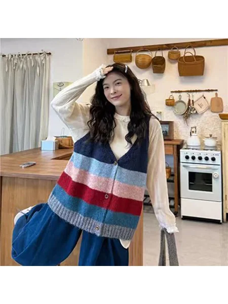 Korean Retro V-Neck Striped Color Block Knitted Vest Women's Spring Autumn New Style Layering Versatile Slim Fit Sleeveless Top