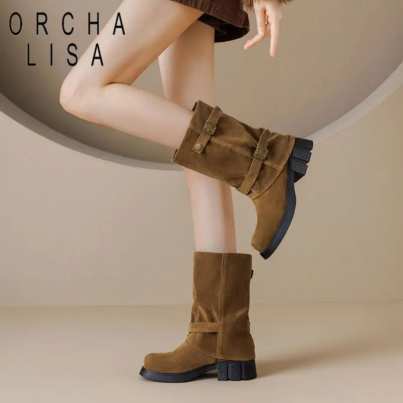 ORCHA LISA Khaki Womens Half Lower Leg Shoes Circular Toe 4.5 cm Sturdy Heel Velvet Pull On Plus Size 40 41 42 43 Booties