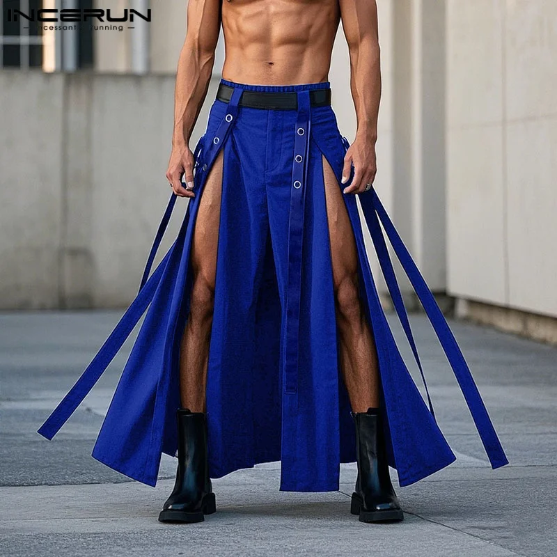 INCERUN Men Skirts Solid Pants Elastic Waist Oversize Split Irregular Trousers Men Skirts Streetwear 2025 Fashion Men Bottoms