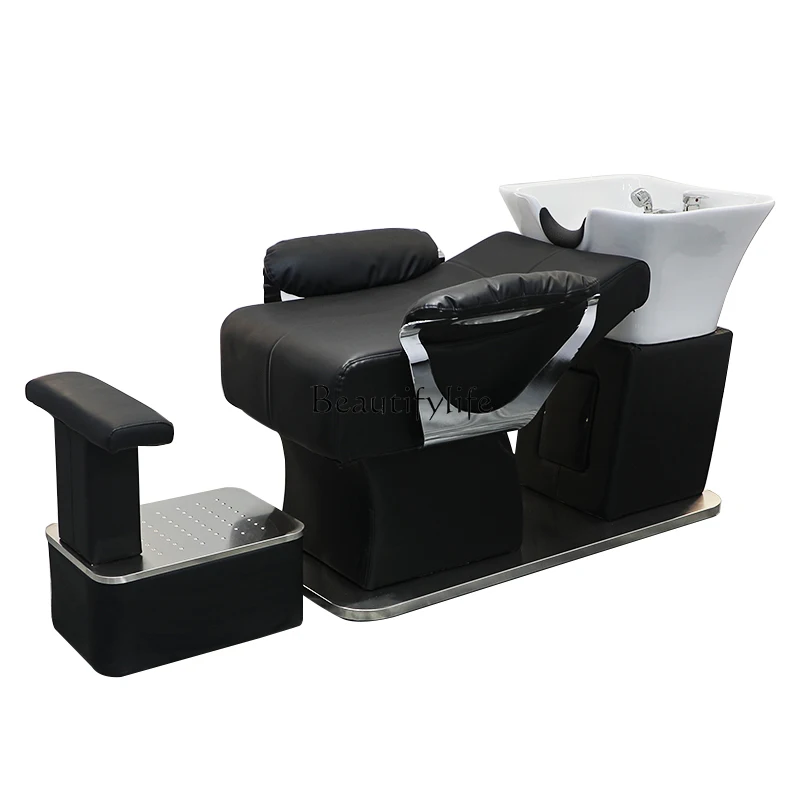 

High-end barber shop ceramic basin shampoo bed special hair salon seated semi-reclining hair salon stainless steel flushing bed