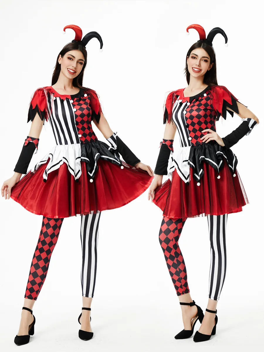 Women Vintage Harlequin Joker Outfit, Bright Circus Clown Fancy Gown Halloween Mardi Gras Masquerade Stage Cosplay Costume view 2