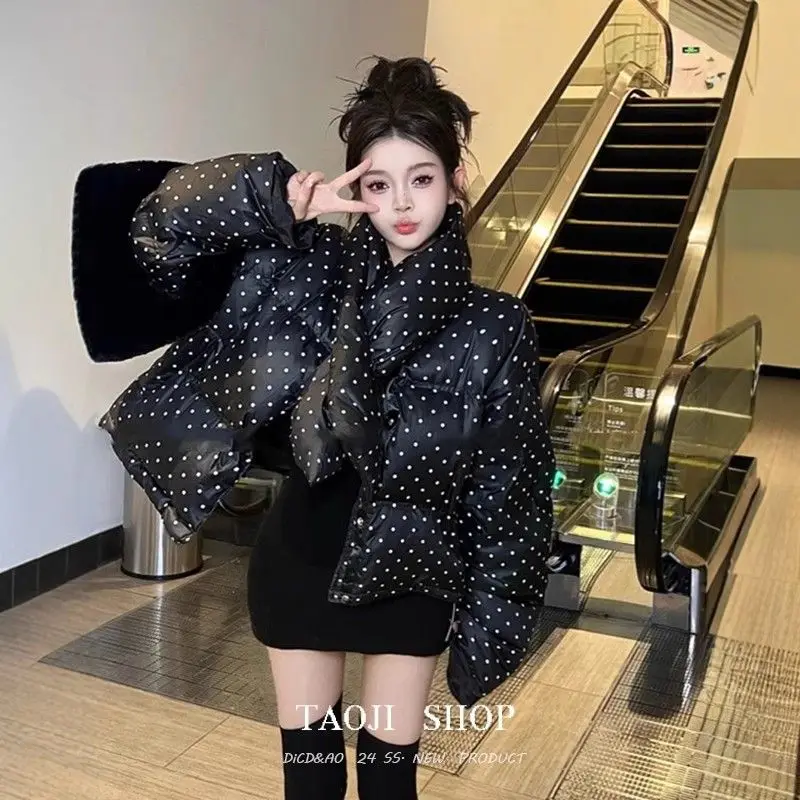 

New Overwear Korean-style Cotton-padded Jacket with Thickened Outwear Polka Dots Loose Warm Short Stand-up Collar Parkas