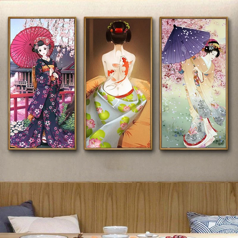 Japanese Style Geisha Canvas Poster Kimono Girl Sakura Painting Living Room Wall Decor Vintage Ukiyo-e Koi Fish Art Picture