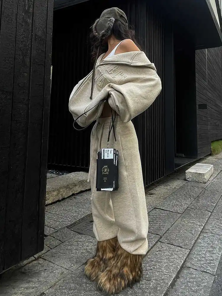 Retro Casual Sportswear Set, Women'S Autumn And Winter Loose Hooded Sweatshirt With Wide Leg Pants Two-Piece Set