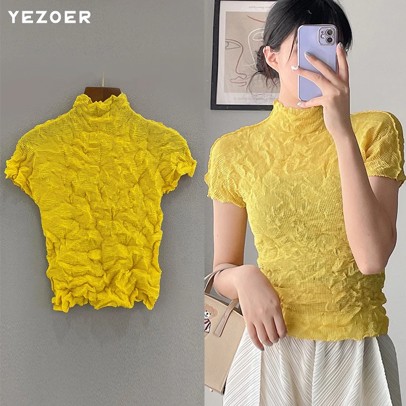 

YEZOER Pleated Womens T-shirt Solid Turtleneck Short Sleeve Loose Waist Pullover Elastic Casual Style 2023 New Summer Tide Clot