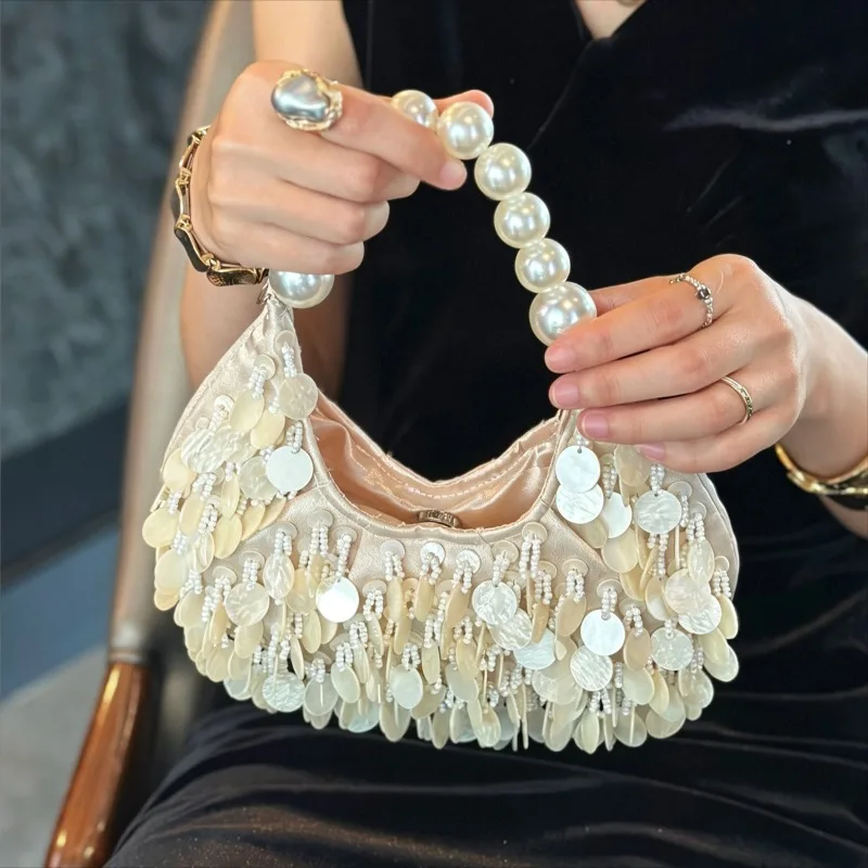 2026 Summer High-End Chain Handbag Handcrafted Shell Sequin Bag Women's Vacation Style Crossbody Bag Handheld Polyester