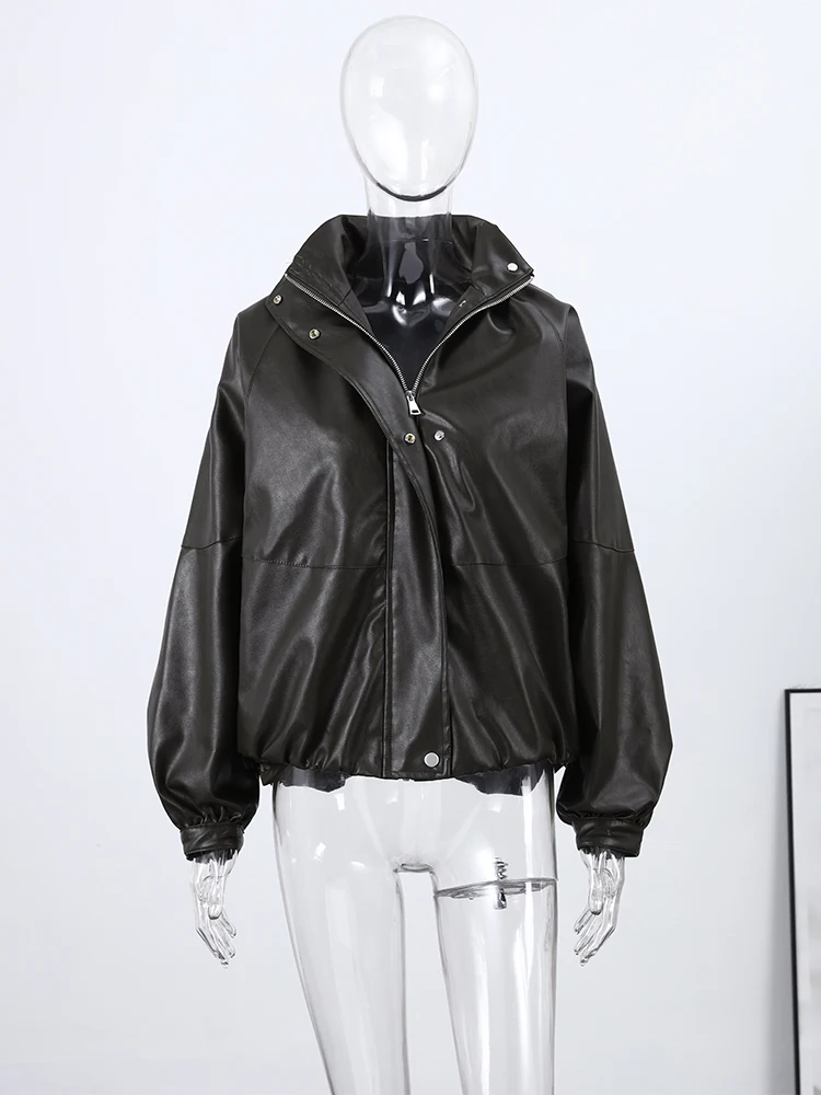

Vintage PU Leather Bomber Jackets Women Zipper Stand Collar Long Sleeve Pocket Coat 2026 Spring Casual New Ladies Streetwear