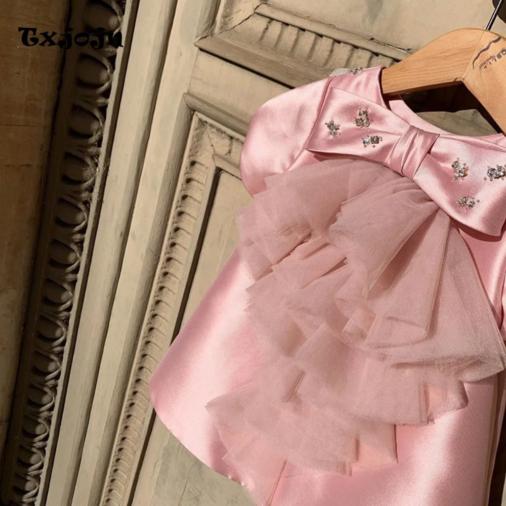 Baby Girl Dress 1-14-Year-Old Girl's Satin Bow Princess Dress Formal Beaded Evening Dress Wedding Dress Flower Girl Show Dress