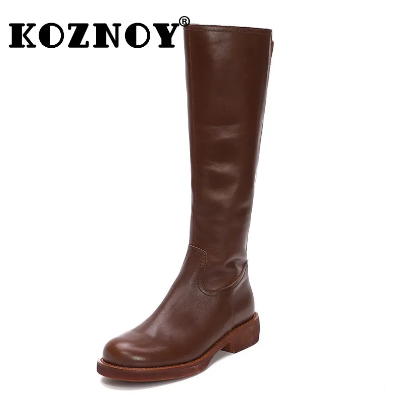 Koznoy 3.5cm Natural Genuine Leather Autumn Spring Flats Boots Ladies Fashion Zip Mid Calf Knee High Booties Women Chimney Shoes