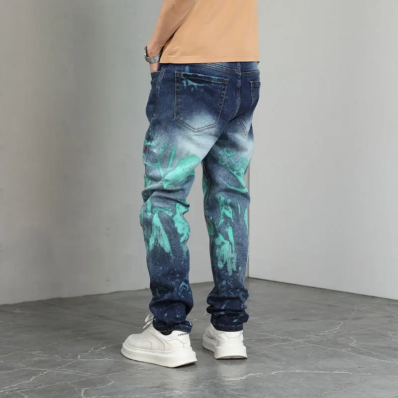 Fashionable hand-painted graffiti printed jeans for men, straight leg high street fashion brand, cool and personalized pants