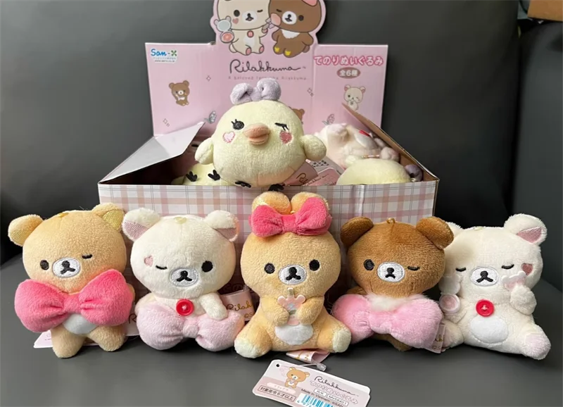 Rilakkuma Plush Toy Makeup Rilakkuma Ribbon Bow 8cm Mini Keychain Chain Anime Korilakkuma Bear Kawaii Cute Bag Keychains Keyring