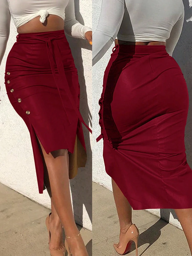 Bodycon Hip Wrap High Waist Long Skirts for Women Casual Lace-up Midi Skirt Woman Solid All Season Elegant Women's Skirts