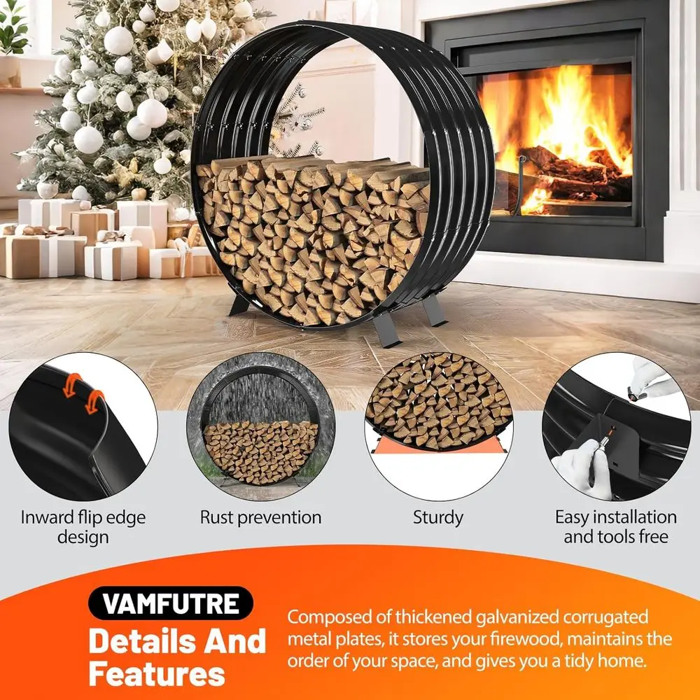 Round Metal Sheet Wood Rack Indoor Outdoor Beside Fire Pit -with Metal Legs, Rustproof, Durable & Stylish Wood Holder (Circle, 4 view 3