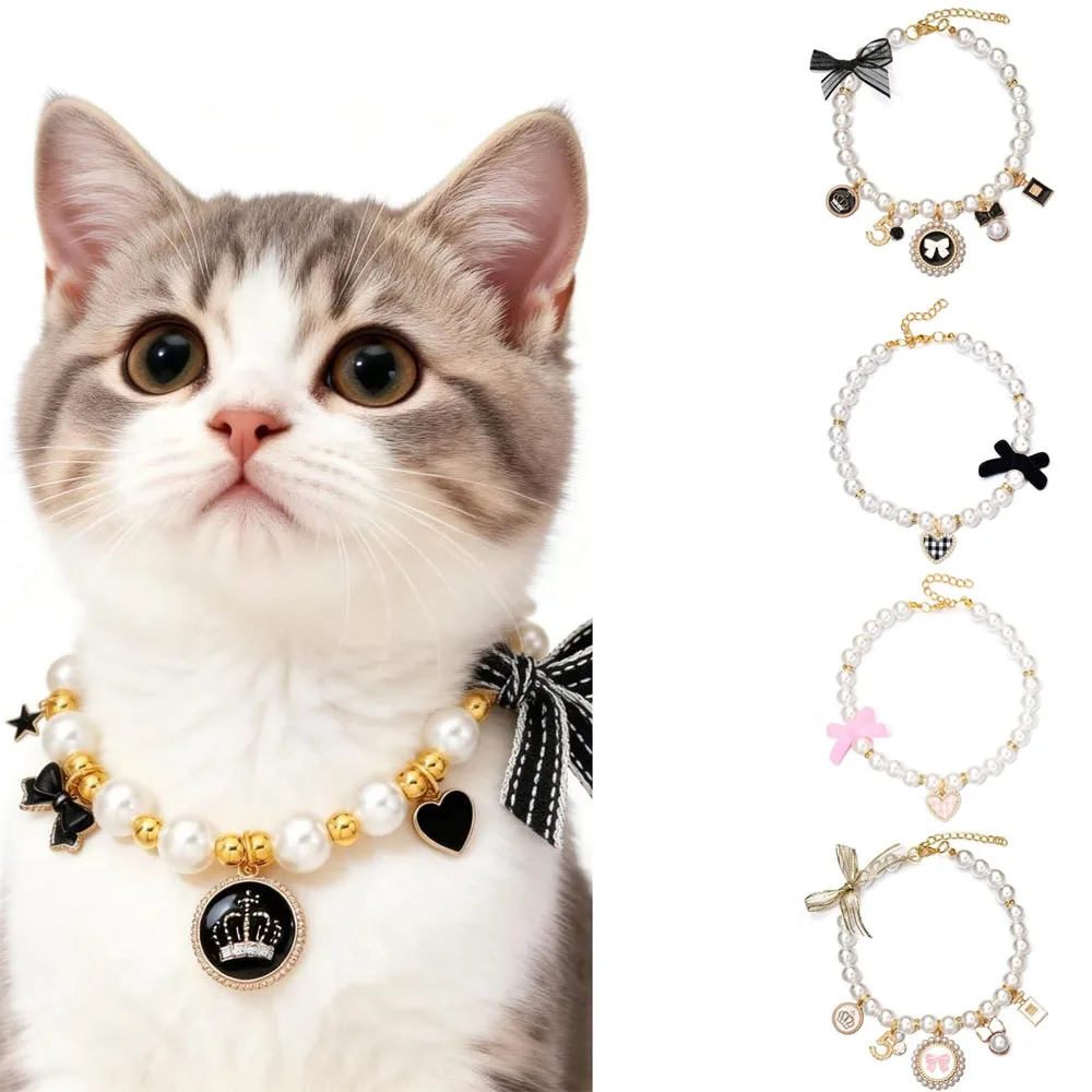 5 PCS Cat Pearl Beaded Collar with Bow Crown Pendant Socialite Accessory Kitten Puppy Birthday Party Photography（5 Random ）