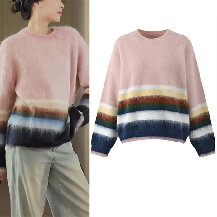 

High-End European Sle Women's Loose Knitted Sweater Sweet Cherry Blossom Color Blo round Ne Long Sve Knitwear