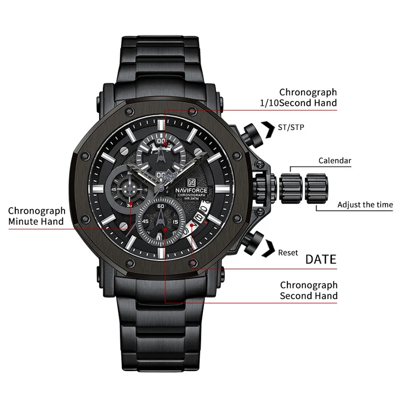 Creative Fashion NAVIFORCE Men Watches Quartz Chronograph Wristwatch Steel Band Water Resistant Luminous Clock Relogio Masculino