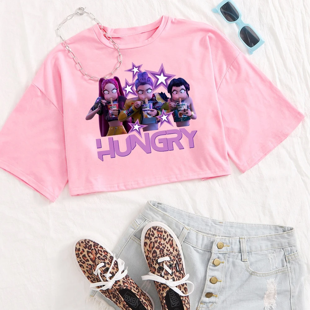 Kpop demon hunter colheita topos saja meninas fã camisa moda feminina colheita t camisa presente para o fã de huntrix