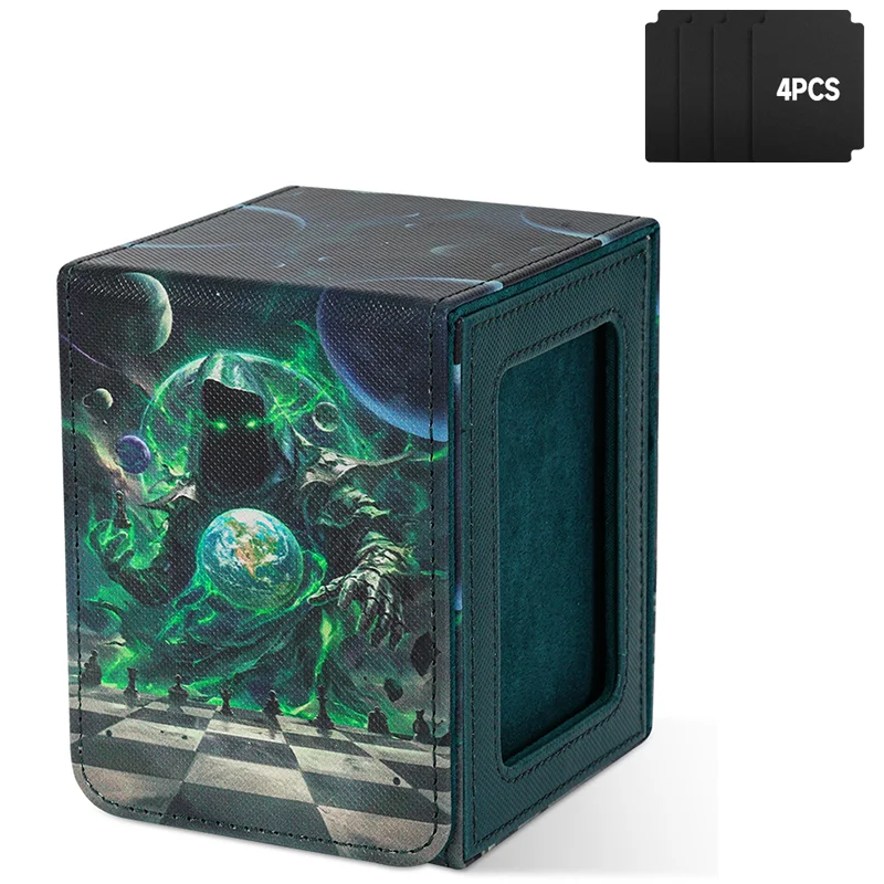 Card Deck Box Pattern Printed with Display Window,Holds 100+ Double Sleeved with 4 Dividers,PU Leather Card Box for TCG Cards