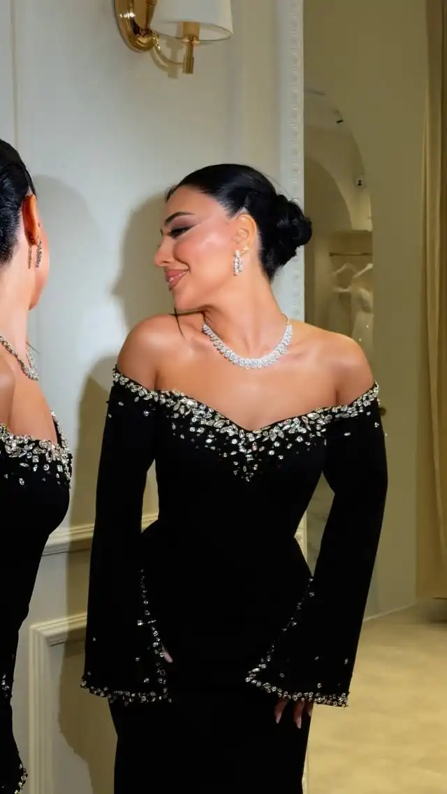 تخصيص مثير خارج على الكتف فستان حفلات المرأة مطرز أسود حفل زفاف مساء فستان الطابق طول فساتين المناسبات الخاصة #1