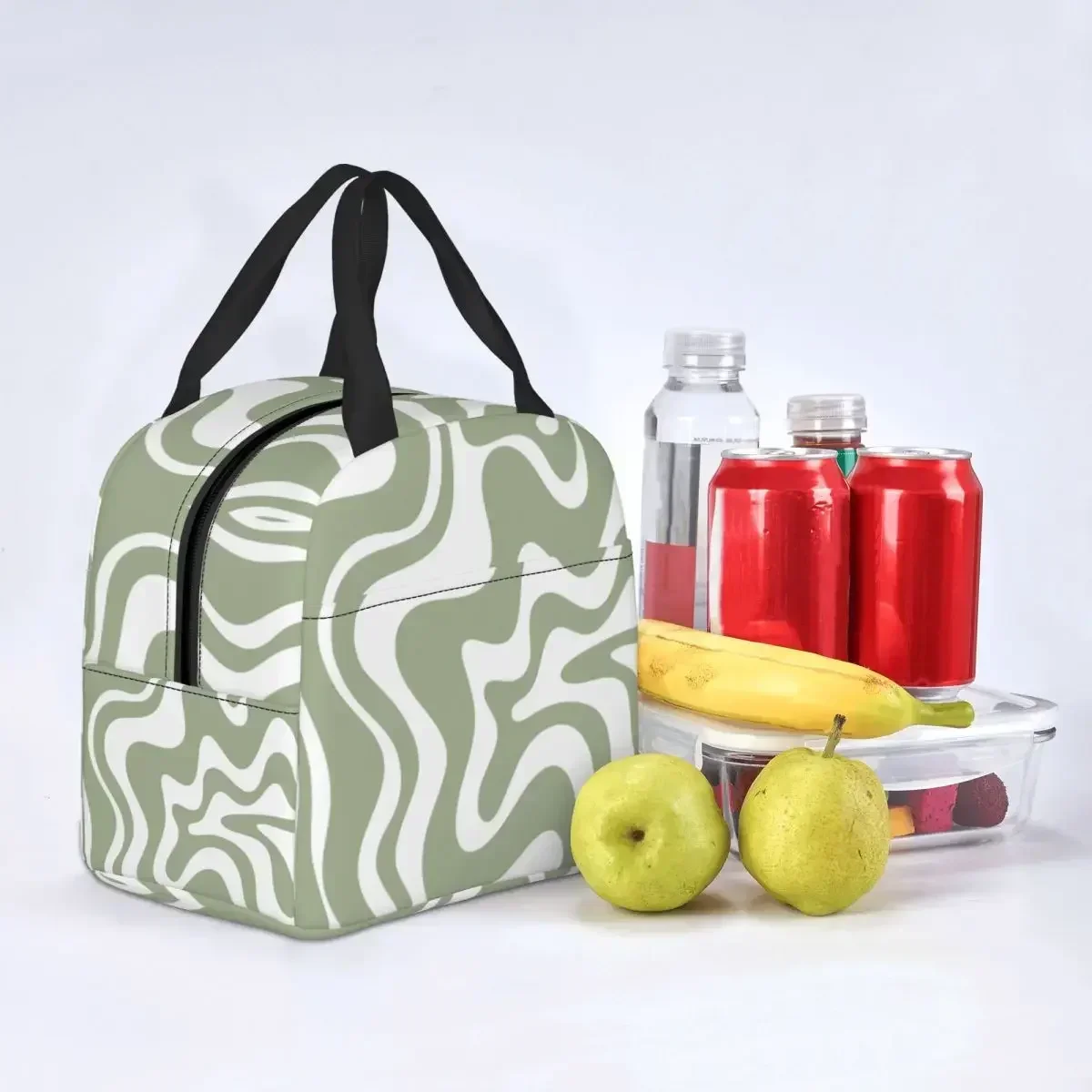 

Liquid Swirl Abstract Pattern In Sage Green Insulated Lunch Bag Geometric Art Cooler Thermal Bento Box For Women Kids Food Bags