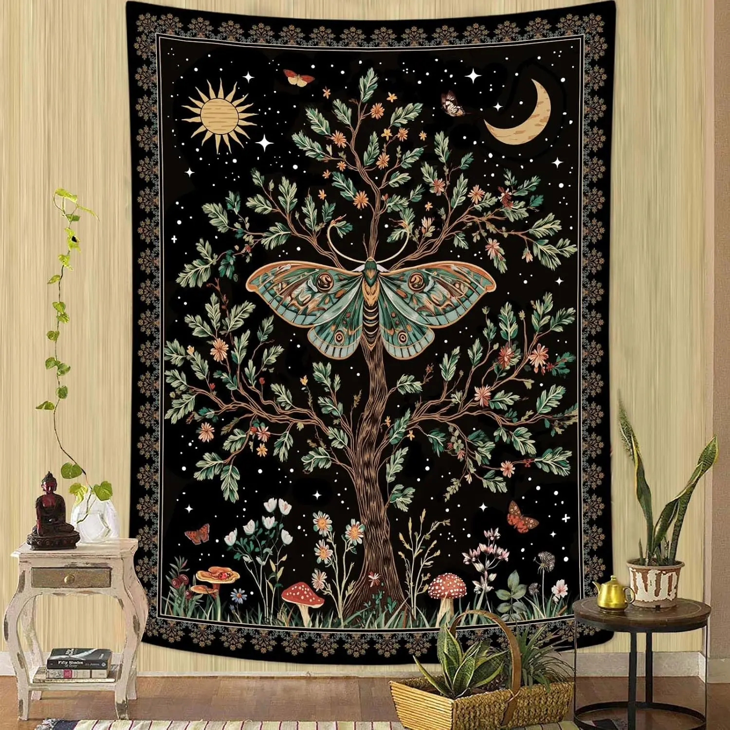 Starry Sky Wall Tapestry - Celestial Moth & Tree of Life Wall Hanging for Bedroom and Living Room - Boho Nature Decor Tapestries