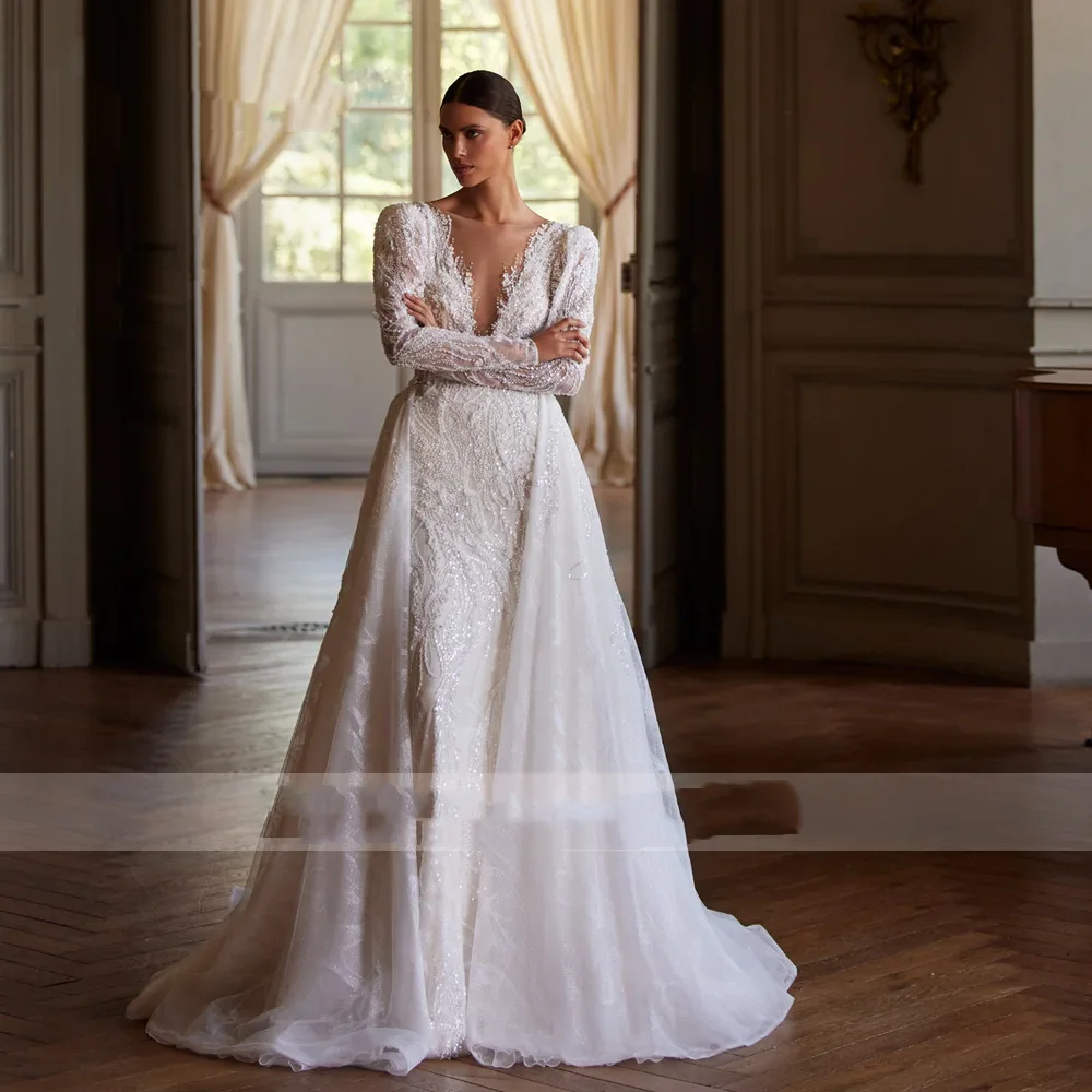 Flavinke カスタマイズされたマーメイドのウェディングドレス V ネック長袖 Vestido デ ノビア刺繍取り外し可能なトレインメイドのブライダルドレス