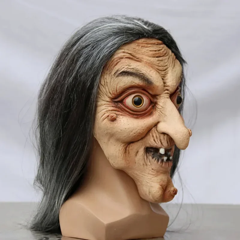 Scary Old Witch Mask Latex with Hair Halloween Fancy Dress Grimace Party Costume Cosplay Masks Props Ghost House Escape Adult