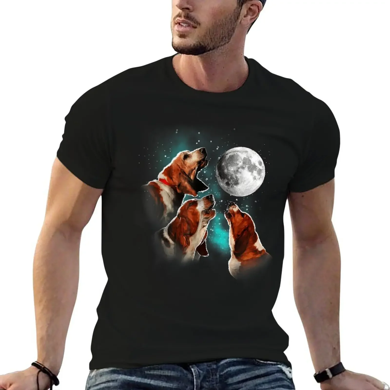 Basset Hound, Basset Hound Howling At The Moon T-Shirt oversized graphic tee korean fashion men graphic t shirts