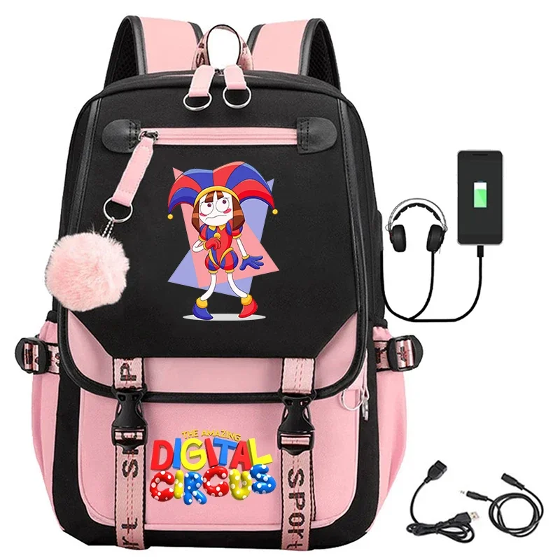 Pomni-A incrível Circo Digital USB Carregamento Mochilas, Sacos De Escola Dos Desenhos Animados, Mochila Estudante, Saco Do Portátil Adolescente, Moda Meninas