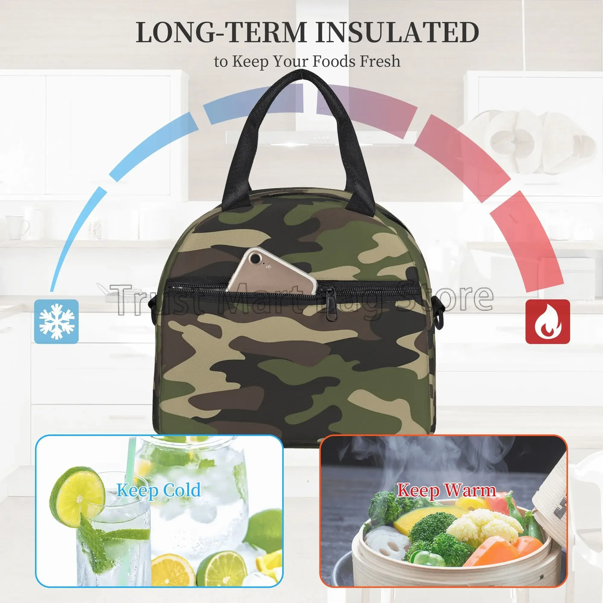 Green Camo Insulated Lunch Bag for Women Men Camouflage Waterproof Cooler Thermal Lunch Tote for Office Picnic Food Bento Box