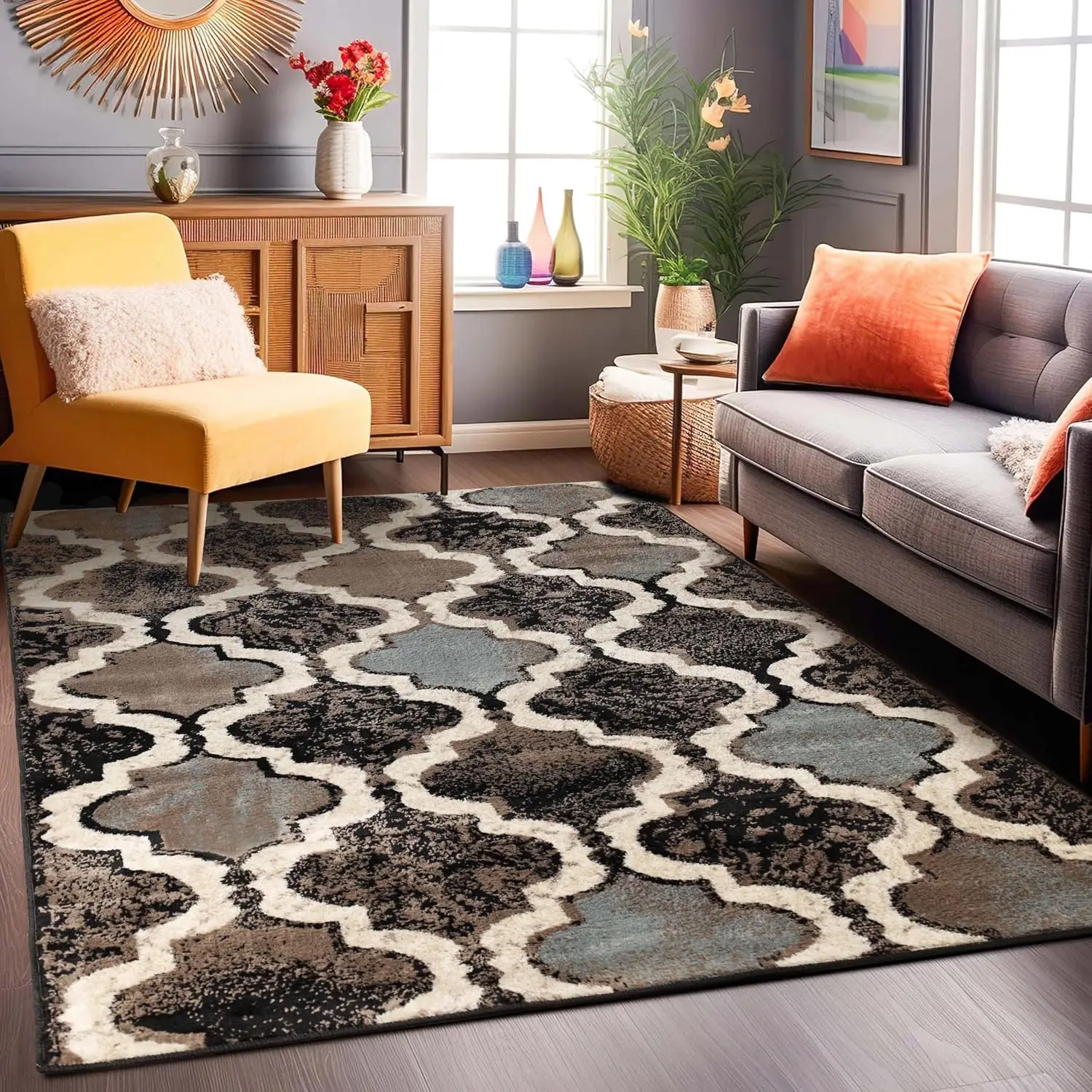 1pc 2D Flat Moroccan Trellis Geometric Printed Floor Mat, Decorative Rug for Living Room, Bedroom, Home