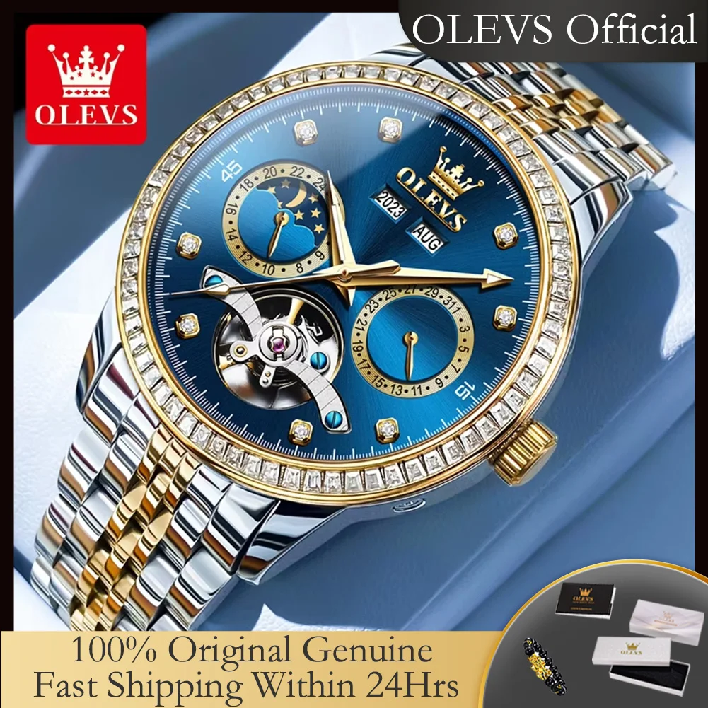 

OLEVS 7016 Automatic Mechanical Watch For Men Moon Phase Calendar Hollow Luxury Wrist Watches Waterproof Luminous Man Hand Clock