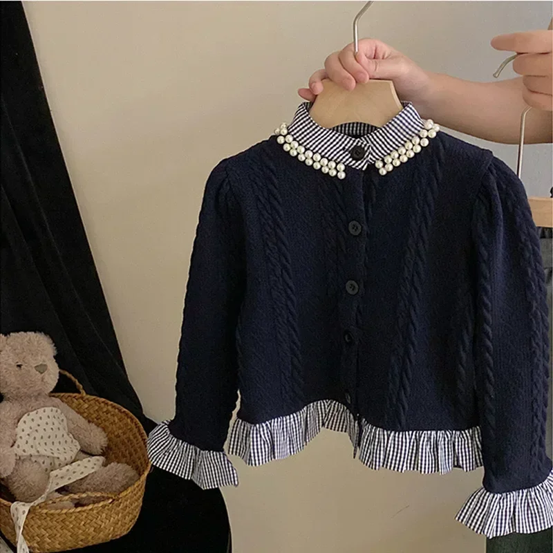 2024 Kids Baby Girls Fall Clothes Plaid Shirt Patchwork Sweater + Skirt 2-piece Set Toddler Girl Preppy Pearl Sweater Cardigan