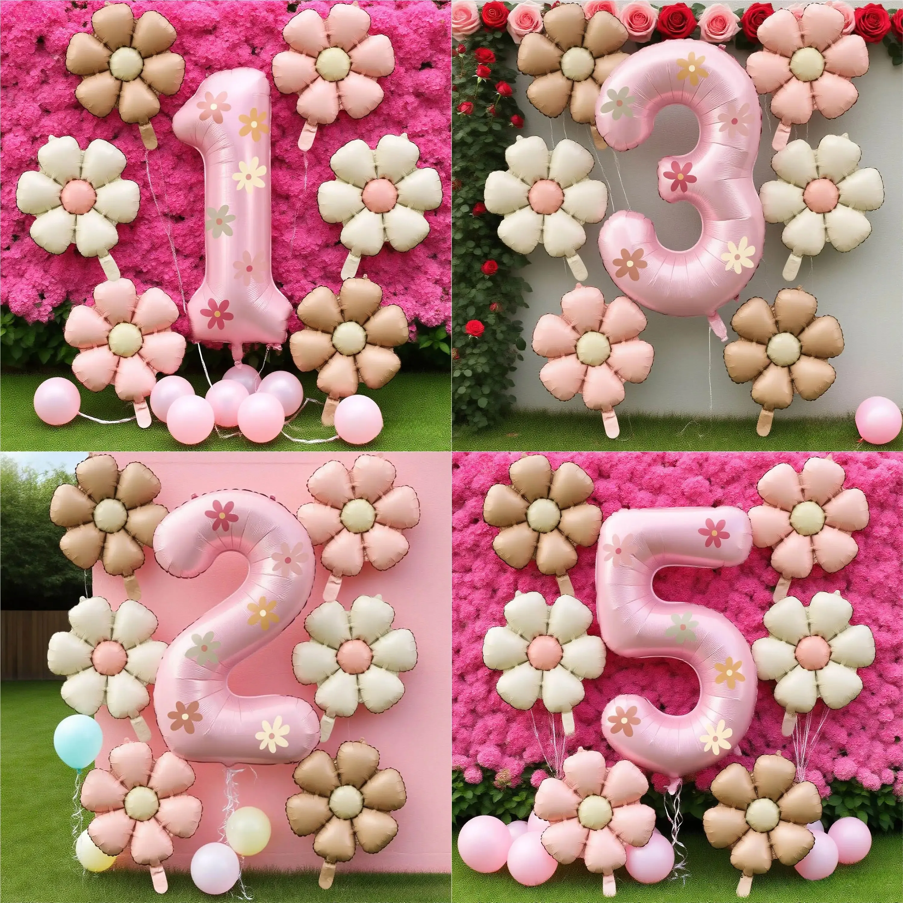 32 Zoll Rosa Nummer Gänseblümchen Folienballon-Set, Boho Blumen Mylar-Ballons für Mädchen Geburtstagsfeier Hintergrund-Dekoration Zubehör