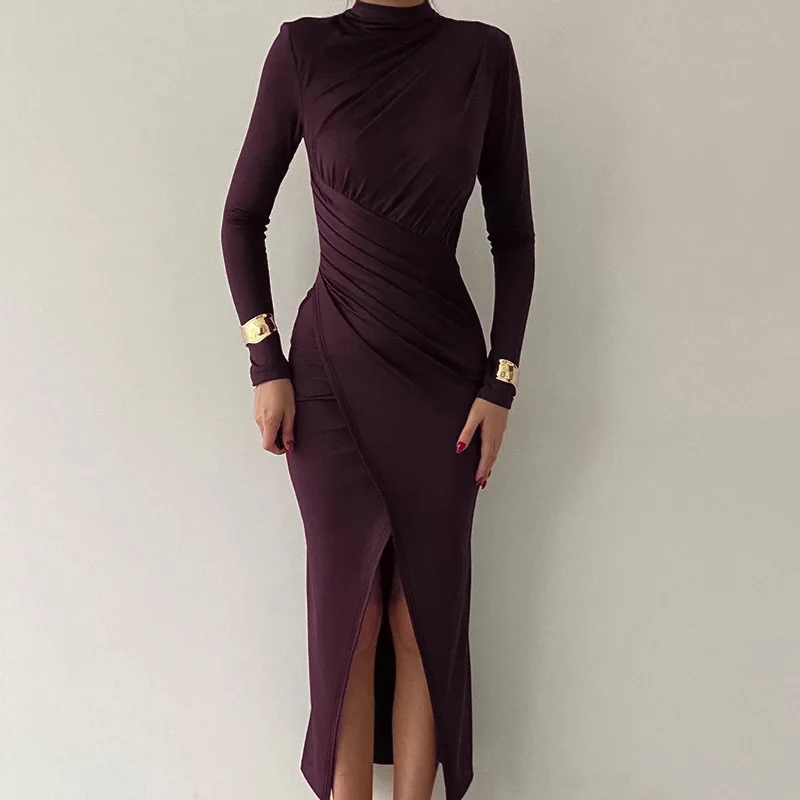 Autumn Fashion High Neck Slim Fit Evening Gown Sexy Pleated Slit Party Dress Spicy Girl Cross Long Sleeved Base Party Robes