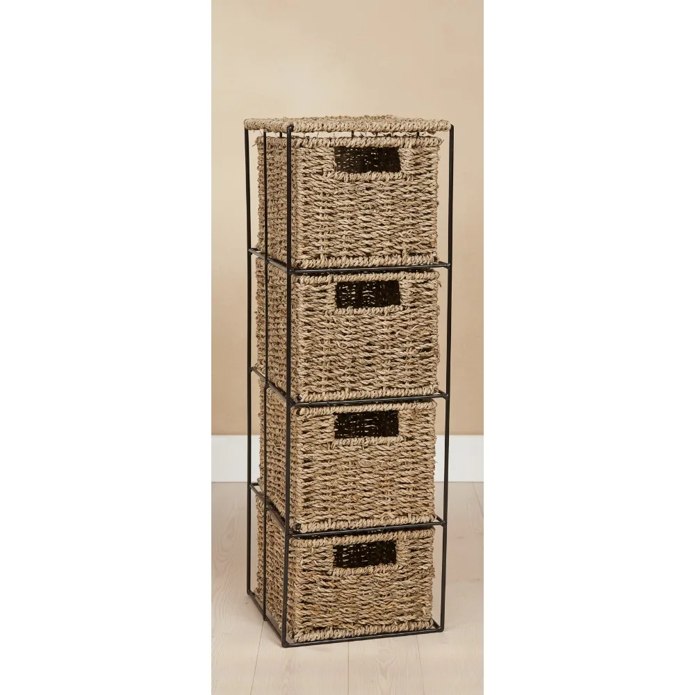

23" Seagrass Metal 4-Drawer Storage Chest Side Table - Compact Organizer for Small Spaces, Bedroom & Bathroom