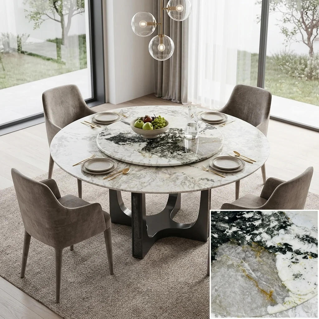 Wholesale Natural Pandora Crystal White Marble Round Dining Table with Rotating Tray, Luxurious Modern Living Room Furniture