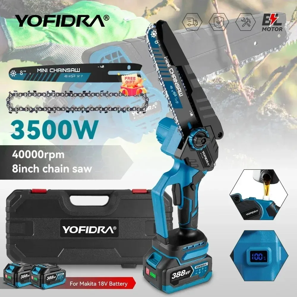 YOFIDRA 8 Inch Brushless Electric Chainsaw Cordless Woodworking Pruning Saw Garden Cutting Power Tool For Makita 18V Battery Pin