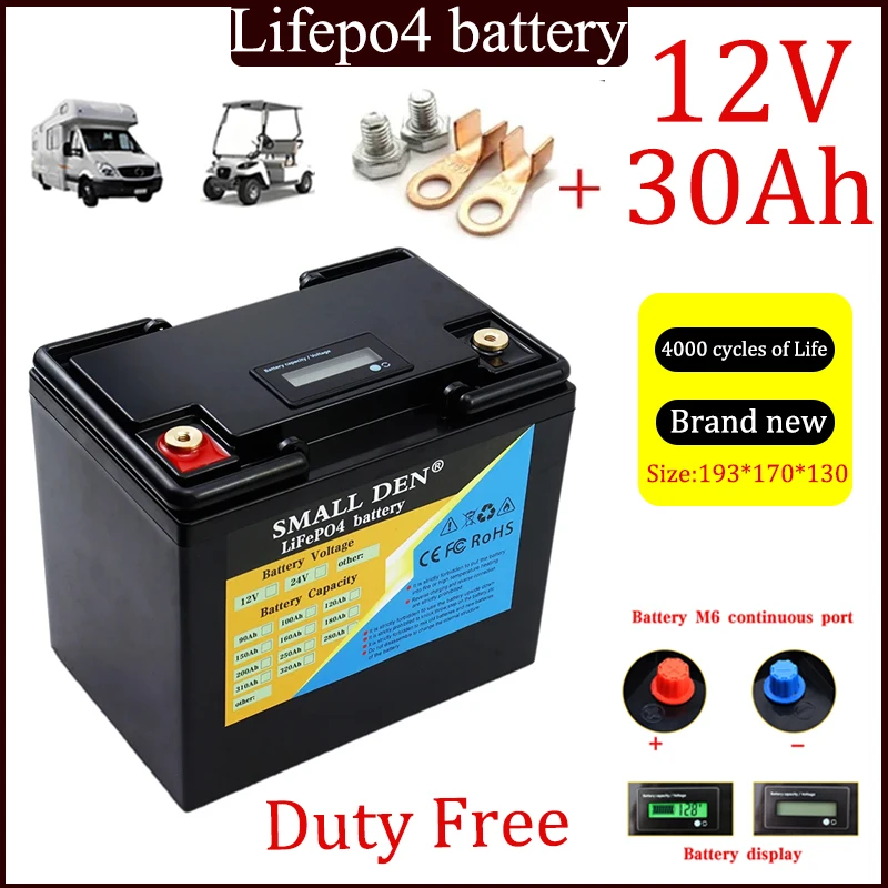 

12V 30Ah LiFePO4 battery 12.8V lithium iron phosphate for solar wind energy RV campers golf carts, off-road off grid battery