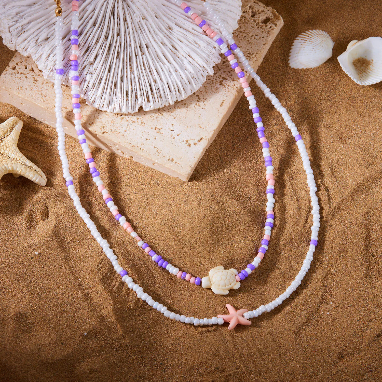 Bohemian Doppel Reis Perle Kette Schlüsselbein Halskette für Frauen Acryl Schildkröte Seestern Anhänger Halsband Sommer Strand Mode Schmuck – Detail 7