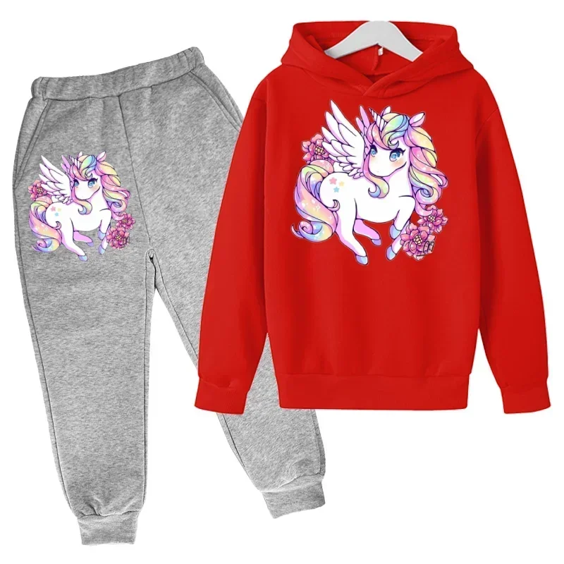 

New Unicorn Pink For Girls Hoodie Suit Pegasus Top+Pant 2P Movement Clothing Spring Autumn Keep Warm Kids Childrens Boys Clothes