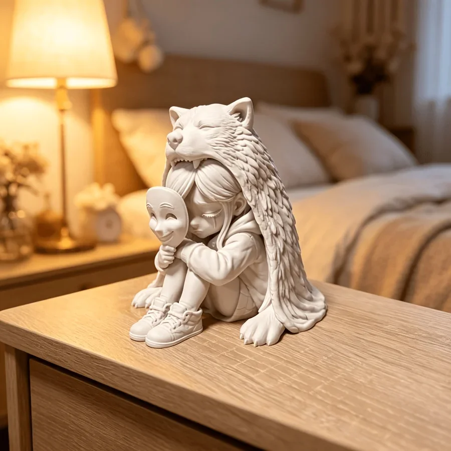 Mysterious Wolf Cloak Girl Sculpture 3D Printed Mini Mask Girl Statue Desktop Ornament Diy Tabletop Figurine Gift for Art Lovers