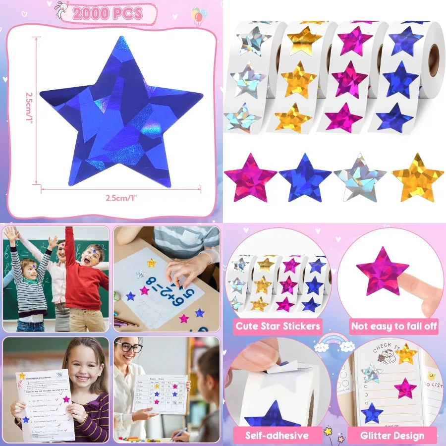 

2000 PCS Holographic Star Stickers Self Adhesive Metallic Glitter Foil Stickers Reflective Star Sticker Ideal for Student Plann
