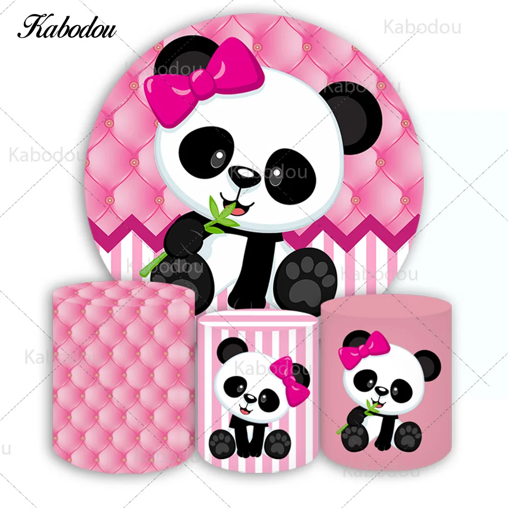 Kabodou Pink Panda Circle Photo Backdrop Birthday Baby Shower Cartoon Cute Round For Kids Photography Background Cylinder Covers