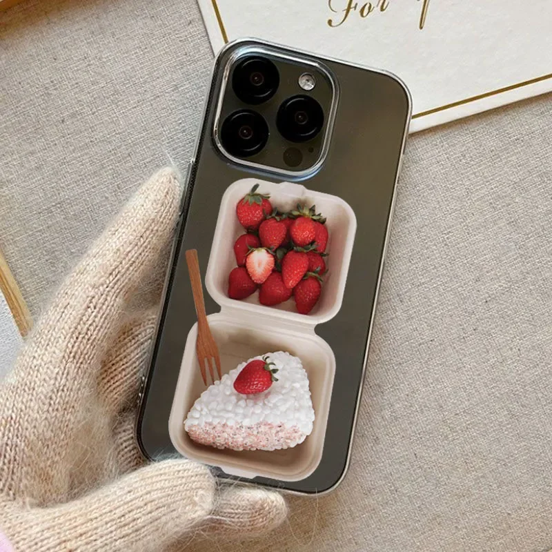 Ins Strawberry Bento Simple Korean Cartoon Phone Case For iPhone 15 14 13 12 11 Pro Max XR XS Max 7 8 Plus MINI Y2K Cute Cover