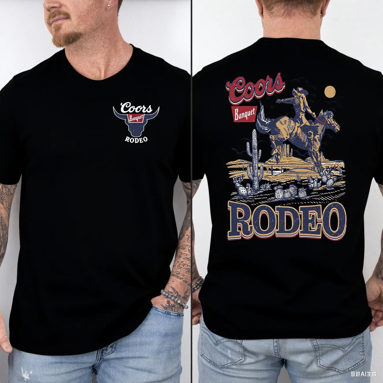 

Men's Cotton Tee with Banquet Rodeo Artwork Classic Rodeo Design Front and Back Prints Streetwear Print New Arrival Tee S-4XL