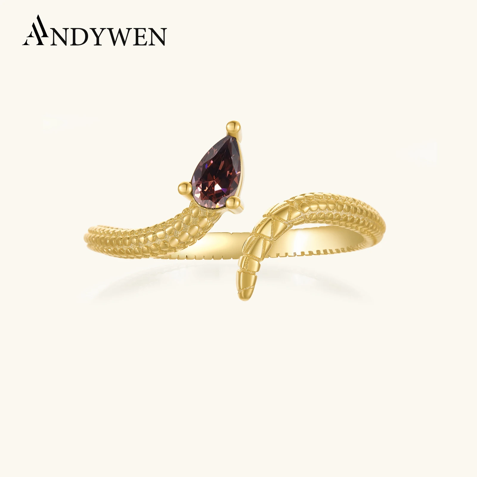 ANDYWEN 100% Srebro Próby 925 Pozłacane Złotem Regulowany Brązowy Pierścionek Wąż z Gruszką Damska Luksusowa Biżuteria Elegancka Biżuteria Ślubna Damska 2024
