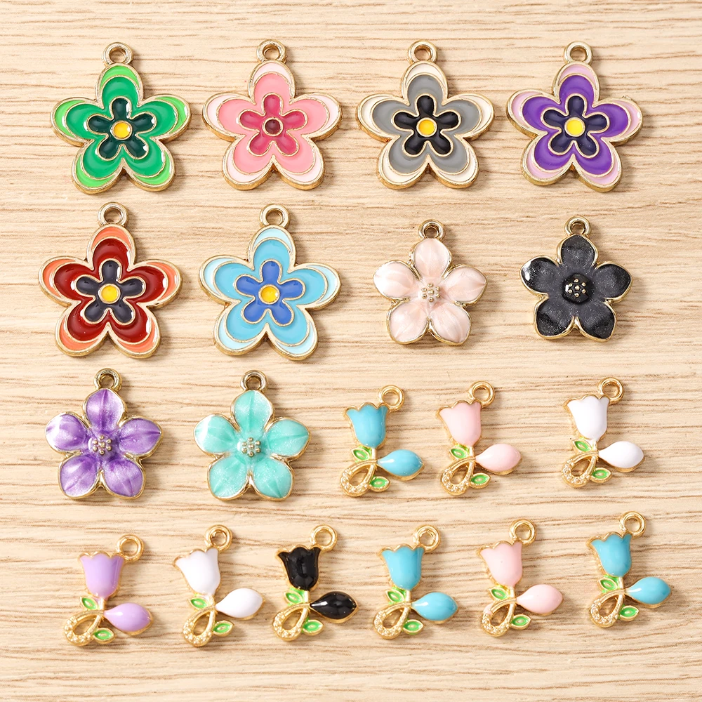 10 Stück niedliche, bunte Emaille-Blumenanhänger zum Basteln von Anhängern, Halsketten, Ohrringen, Armbändern, DIY-Bastelarbeiten und Schmuckzubehör – Detail 1