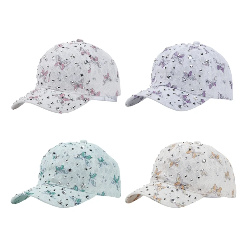 49ME Mesh Texture Baseball Cap with Butterfly Print Adjustable Closure Decorative Sun Hat for Casual Wear and Travel Days